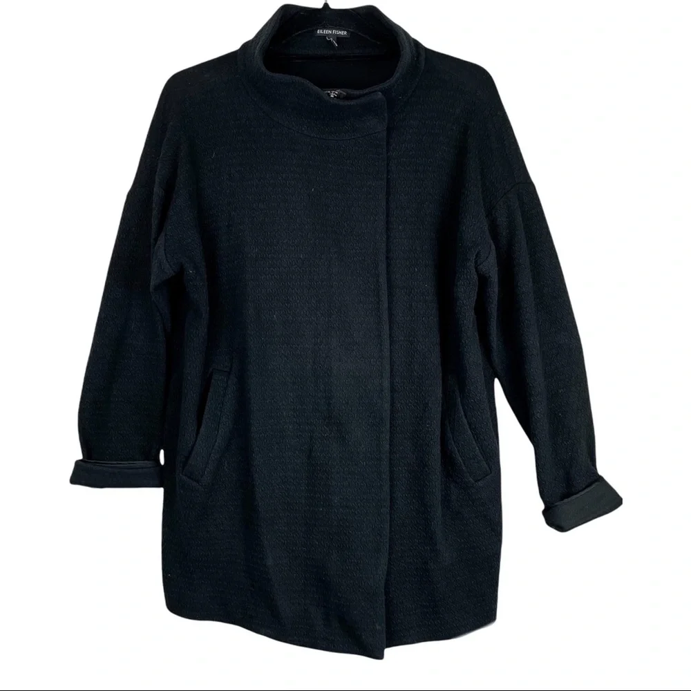 Eileen Fisher Black Texture Moto Zip Up Jacket